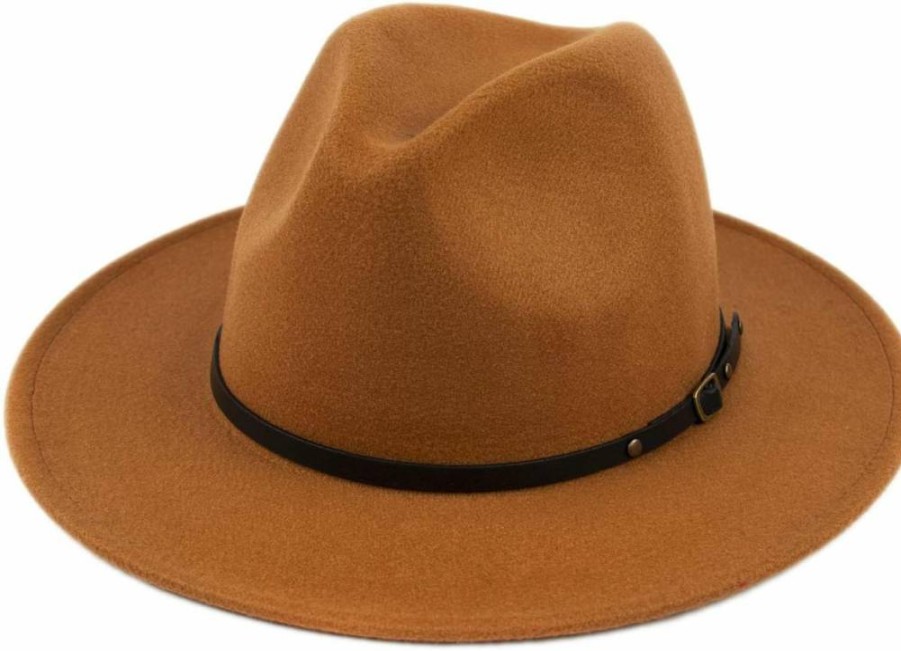 Lanzom Women's Wool Fedora Hat with Wide Brim and Belt Buckle – Classic Floppy Panama Style