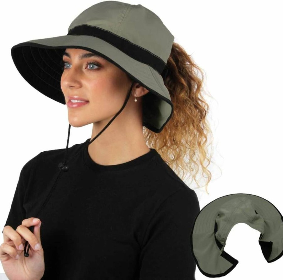 Ponyflo Women's Outdoor Bucket Hat with Drawstring & Full Back Opening for Ponytail