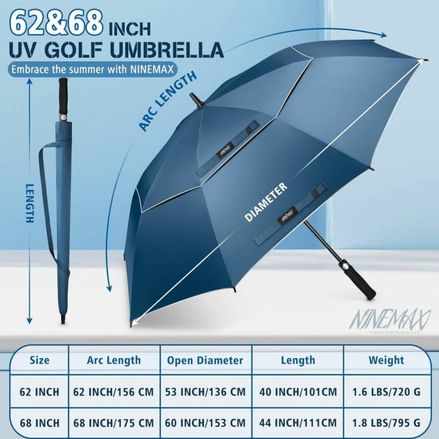 NINEMAX 62/68 Inch Golf Umbrella with UV Protection - Windproof Auto Open Double Canopy, UPF 50+ Sun Blocking for Rain and Sun