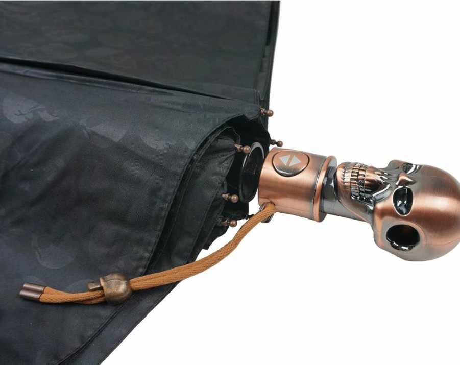 MINGXIN011 Automatic Open Close Triple Folding Umbrella with Skull Print Canopy, UV Protection, Gold Coating, and Unique Skull-Shaped Handle