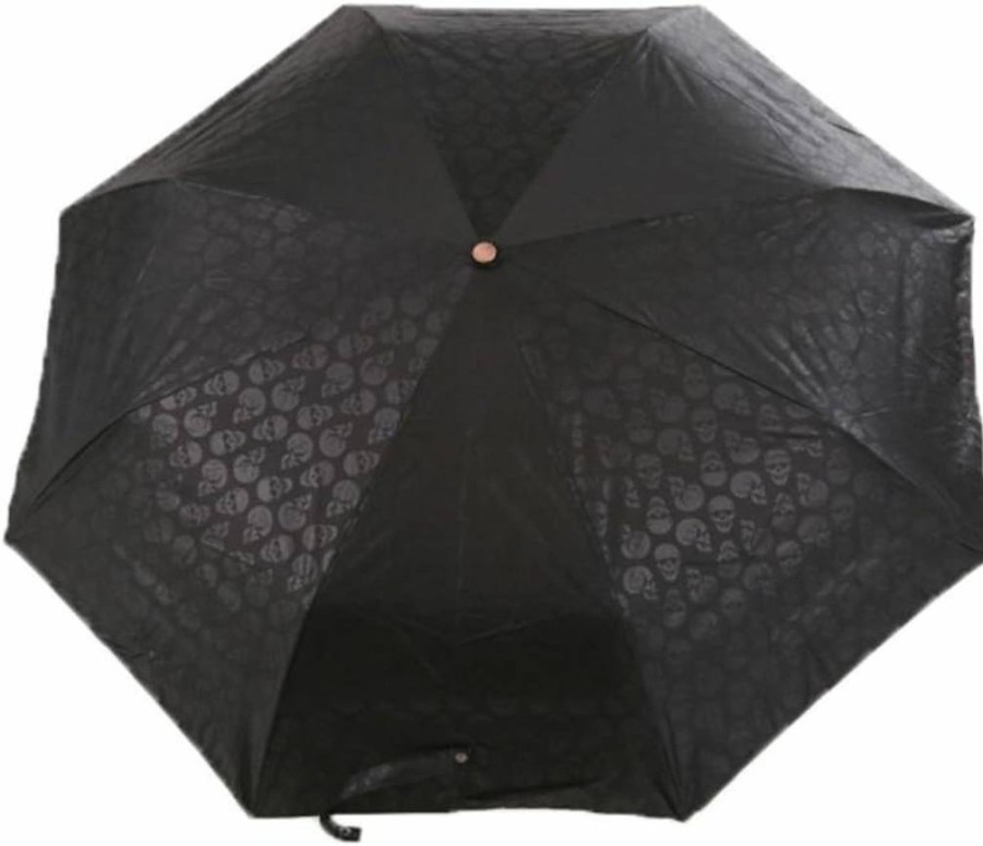 MINGXIN011 Automatic Open Close Triple Folding Umbrella with Skull Print Canopy, UV Protection, Gold Coating, and Unique Skull-Shaped Handle