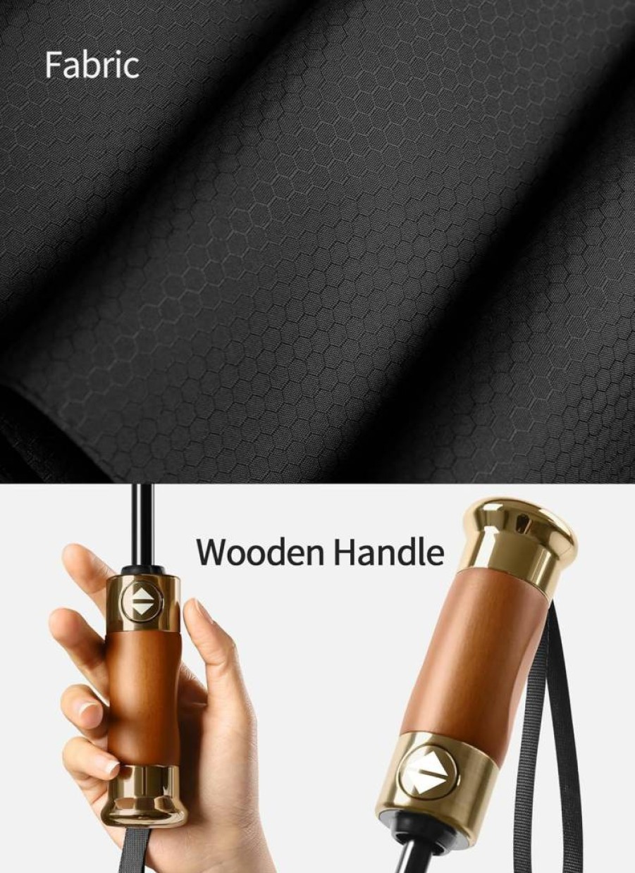 Rain Cats Large Windproof Automatic Folding Umbrella - 45/50 Inch Travel Umbrella with Fiberglass Ribs, Compact Portable Design, Thick Fabric & Wood Handle for Strong Rain Protection